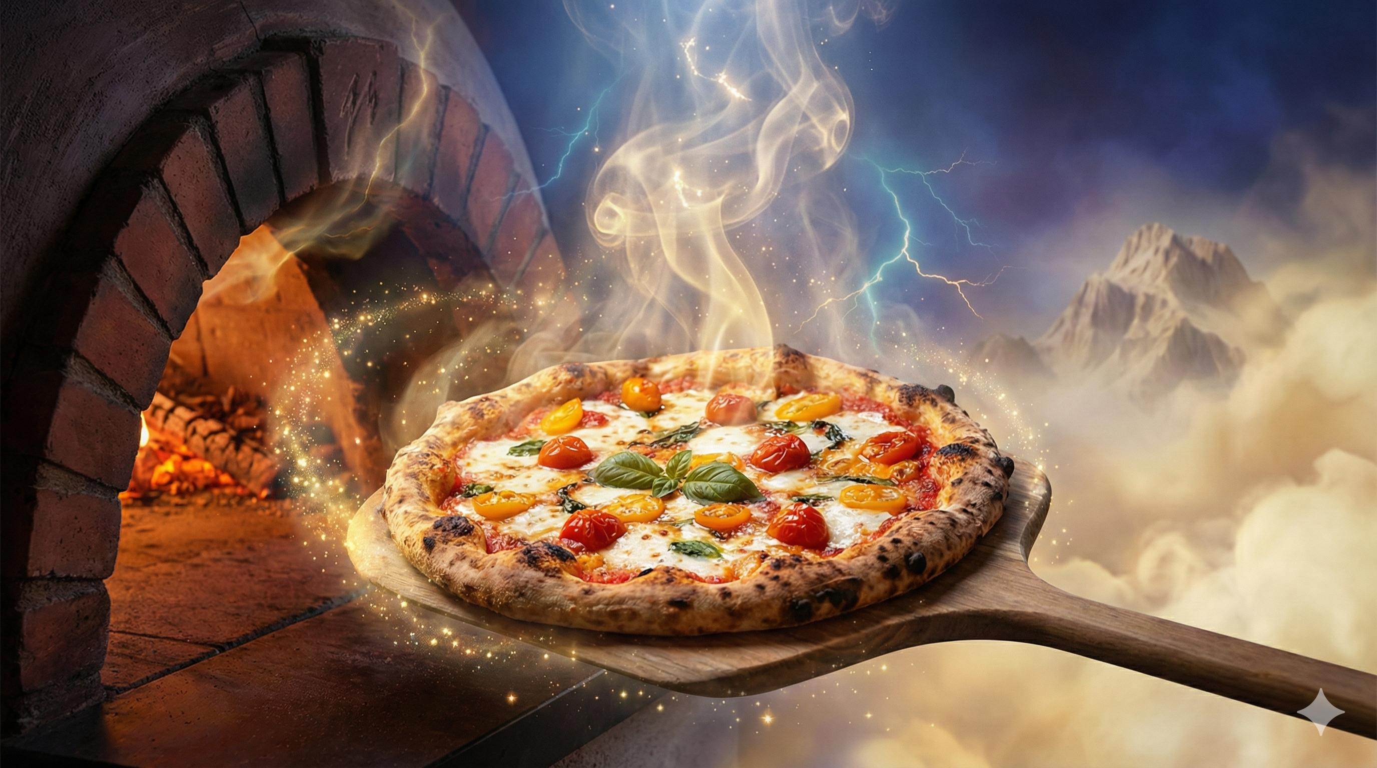 Divine pizza emerging from a brick oven with ethereal golden light