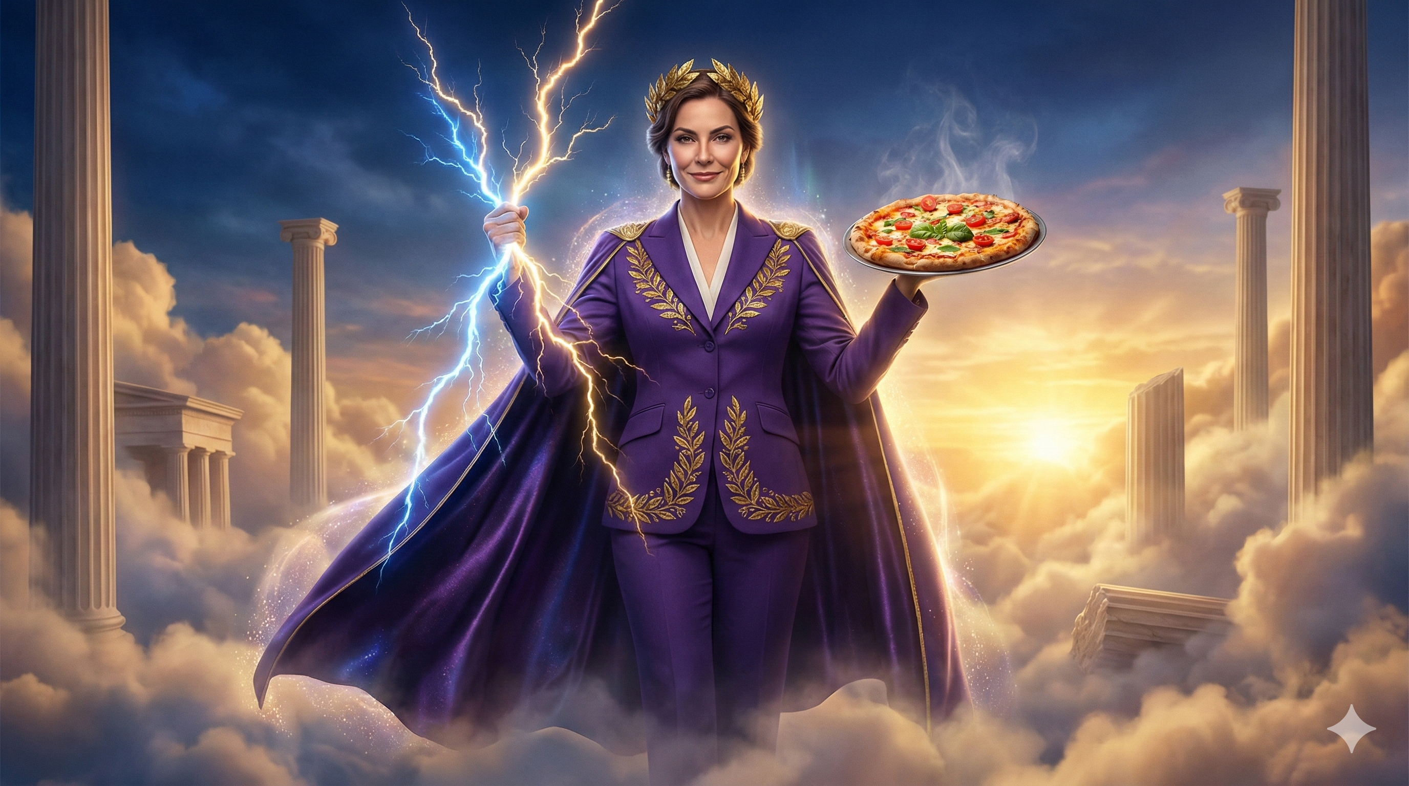 Zeus CEO holding lightning bolt and pizza